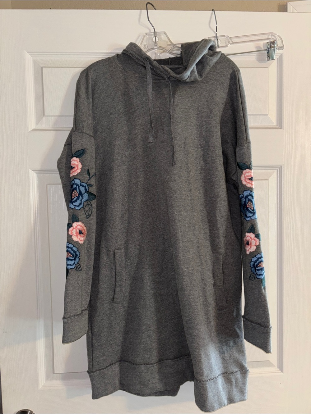 Hollister Gray Hooded Sweater Dress with Blue and Pink Floral Sleeves